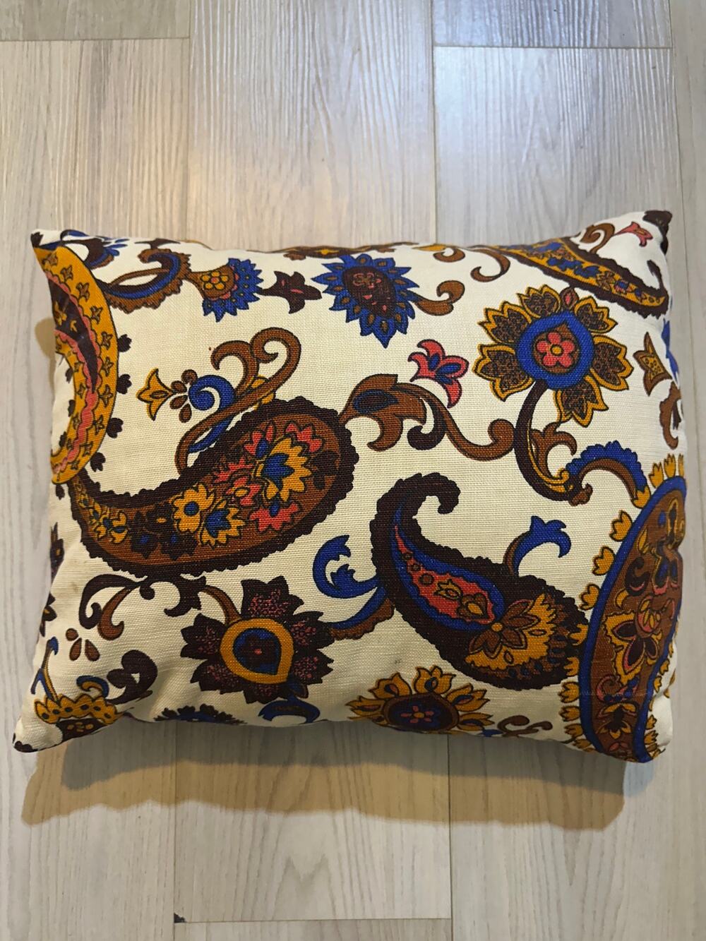 Vintage 70s Paisley Throw Pillow Boho Accent Cushion Earthy Blue Cream 14x11